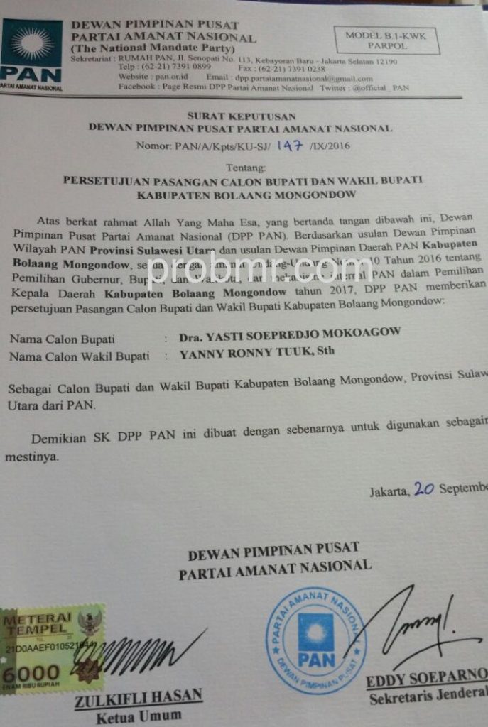 SK DPP PAN untuk dukungan Yasti-Yanny di Pilkada Bolmong.
